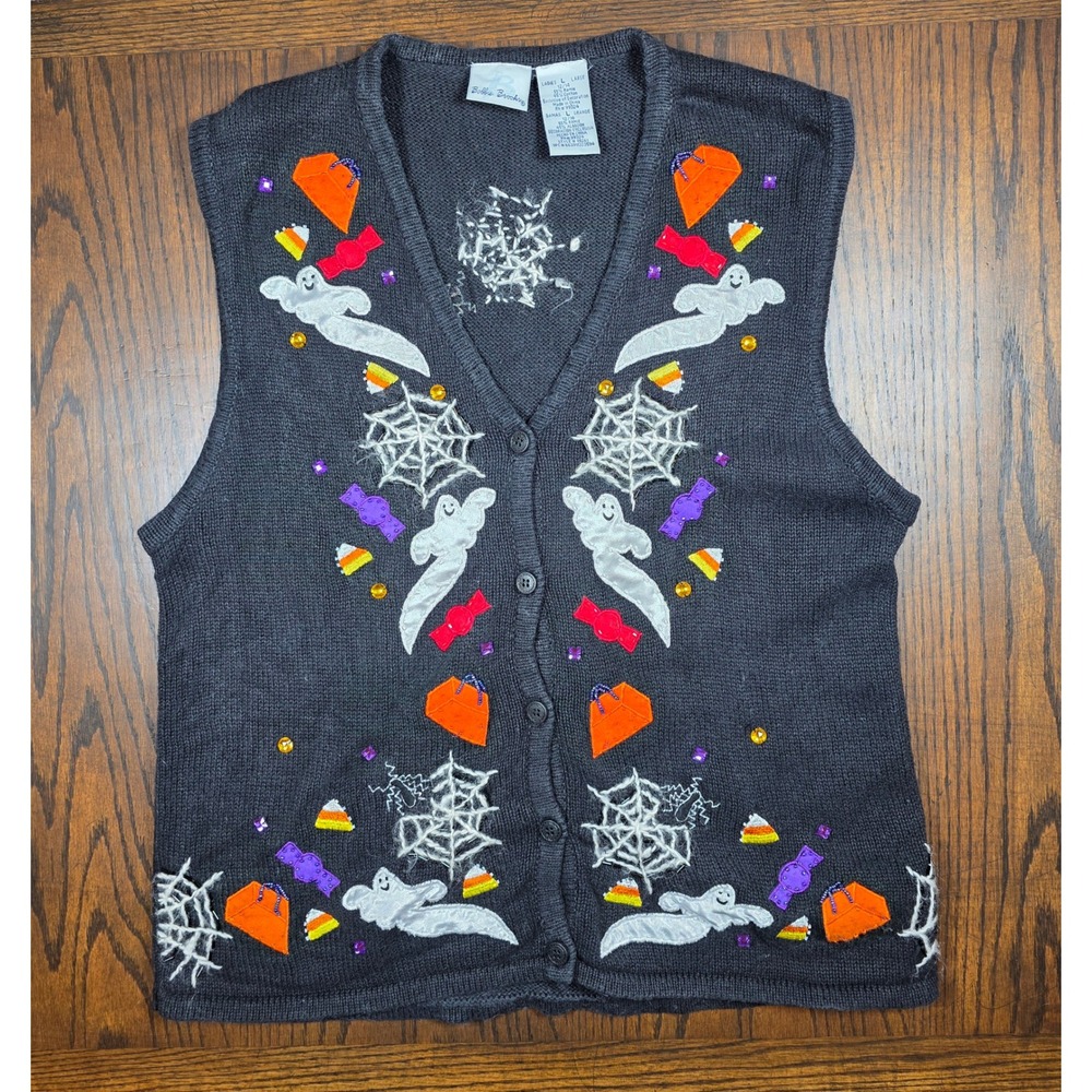 Bobbie Brooks Halloween Sweater Vest Womens Large Black Ghost Spider Web Beaded